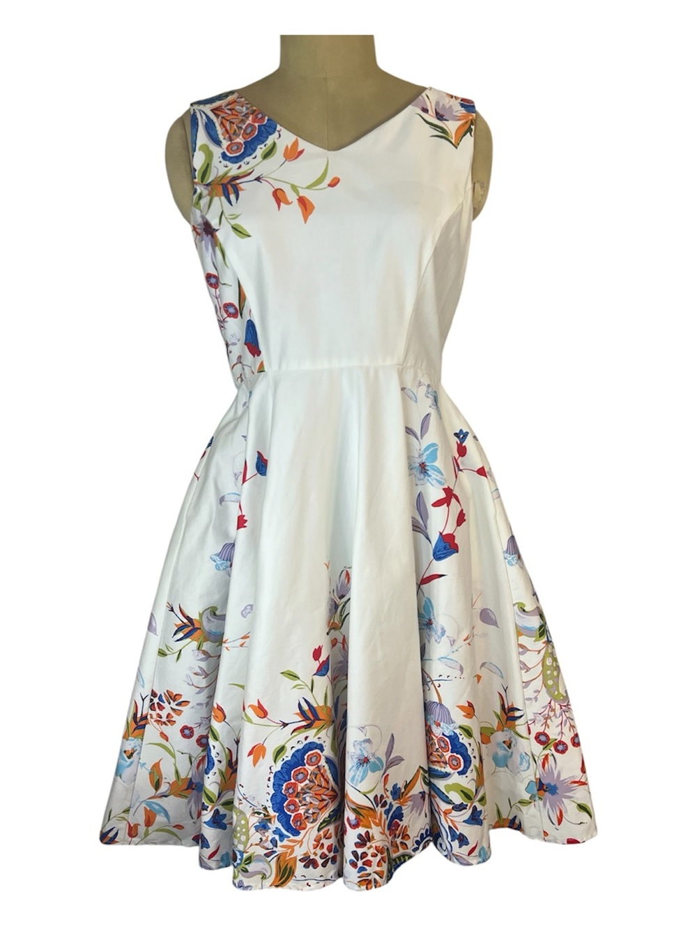 White Floral Retro Fit/Flare Midi Dress with Multicolor Botanical Print